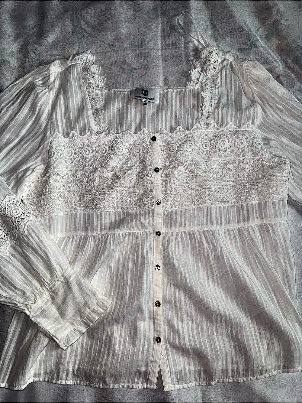 Hester & Orchard Lace Panel Striped Blouse White XL Like New